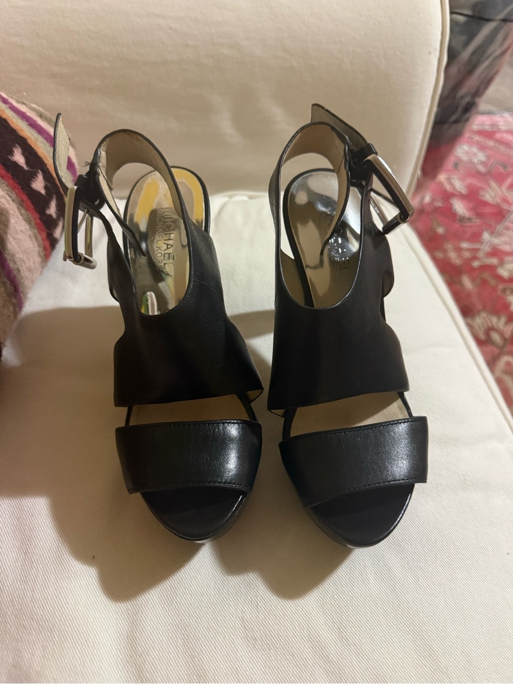 Michael Kors Black Leather Open-Toe Slingback Heels